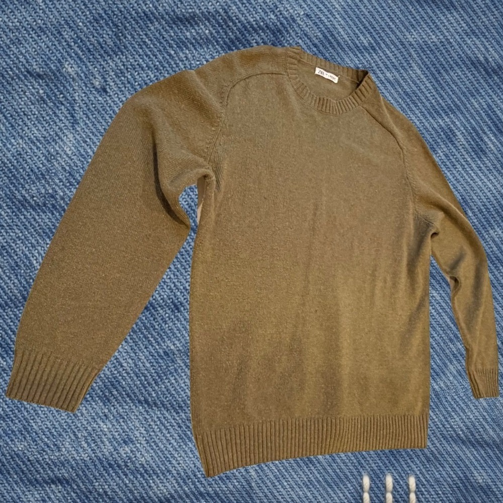 Zara Mens‎ V-Neck Knit Pullover Sweater Large Olive Green Earthy Ribbed Trim